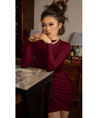 Women's Long Sleeve Elegant Sexy Bodycon Ruched Mini Cocktail Dress Wine Red $15.80 Dresses