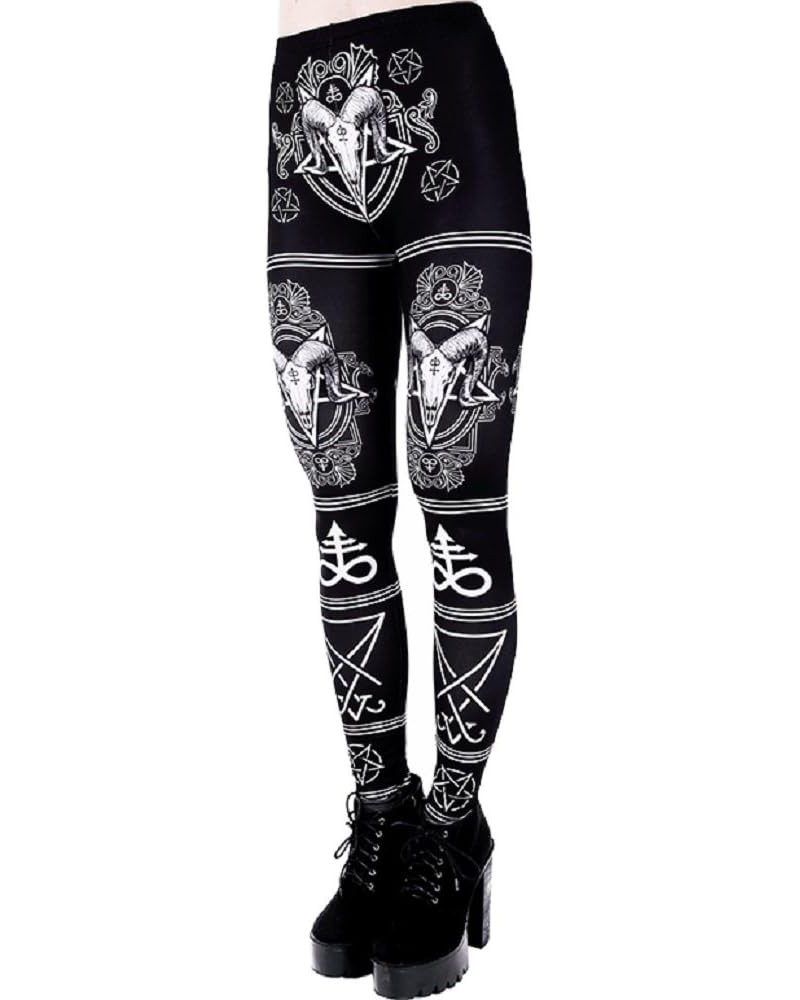 Satanic Occult Symbols Punk Ram Skull Pentagram High Waist Goth Leggings Black $20.25 Leggings