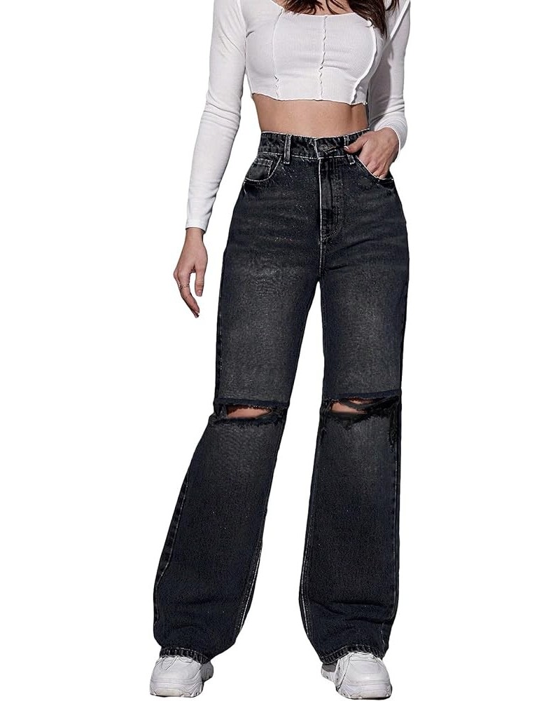 Women's High Waist Ripped Straight Leg Jeans Boyfriend Style Distressed Denim Pants with Pocket Black $32.39 Jeans