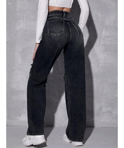 Women's High Waist Ripped Straight Leg Jeans Boyfriend Style Distressed Denim Pants with Pocket Black $32.39 Jeans