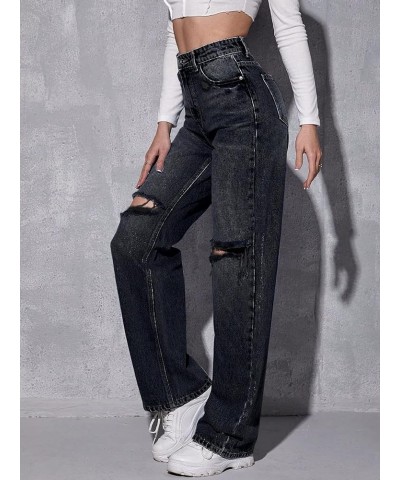 Women's High Waist Ripped Straight Leg Jeans Boyfriend Style Distressed Denim Pants with Pocket Black $32.39 Jeans