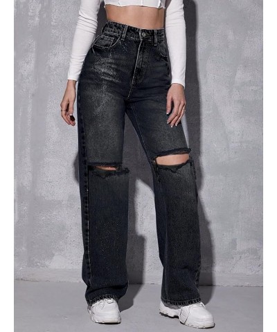 Women's High Waist Ripped Straight Leg Jeans Boyfriend Style Distressed Denim Pants with Pocket Black $32.39 Jeans