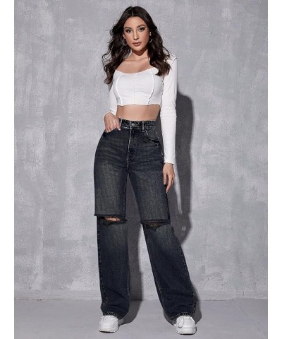 Women's High Waist Ripped Straight Leg Jeans Boyfriend Style Distressed Denim Pants with Pocket Black $32.39 Jeans