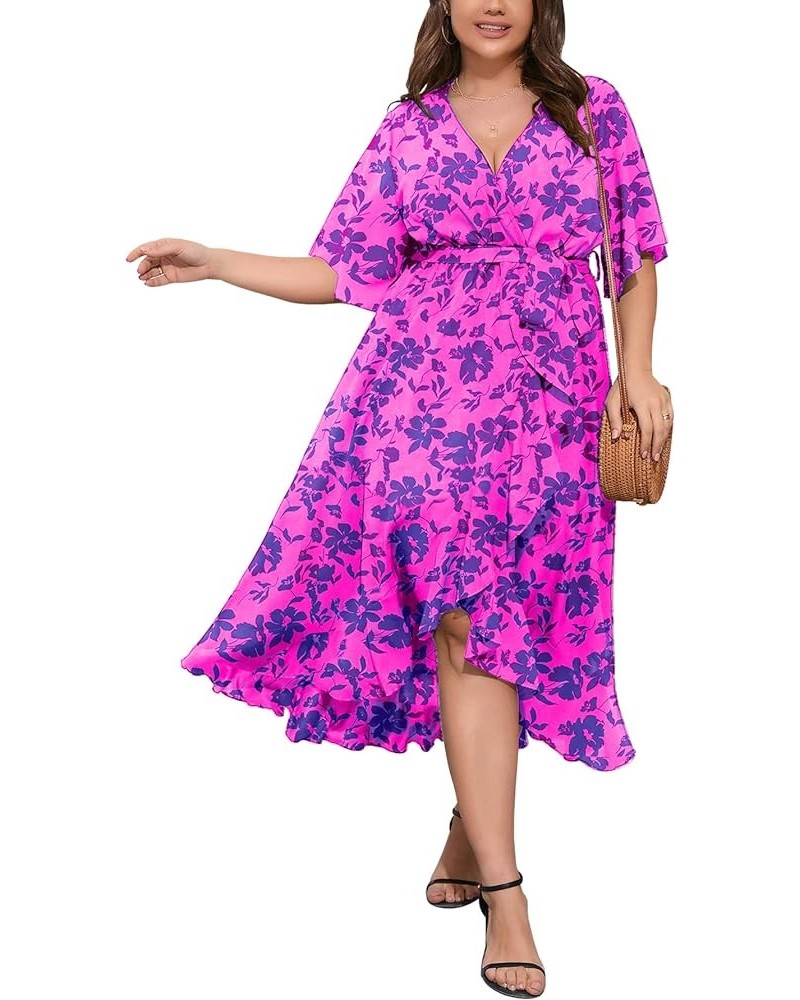 Women's Plus Size Summer Floral Printed Wrap V Neck Short Sleeve High Low Split Beach Maxi Dress Purple Floral $9.45 Dresses