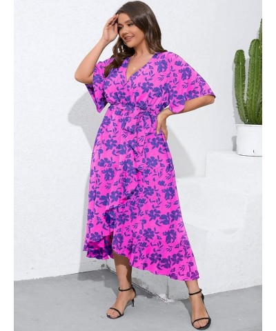 Women's Plus Size Summer Floral Printed Wrap V Neck Short Sleeve High Low Split Beach Maxi Dress Purple Floral $9.45 Dresses