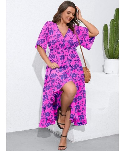 Women's Plus Size Summer Floral Printed Wrap V Neck Short Sleeve High Low Split Beach Maxi Dress Purple Floral $9.45 Dresses