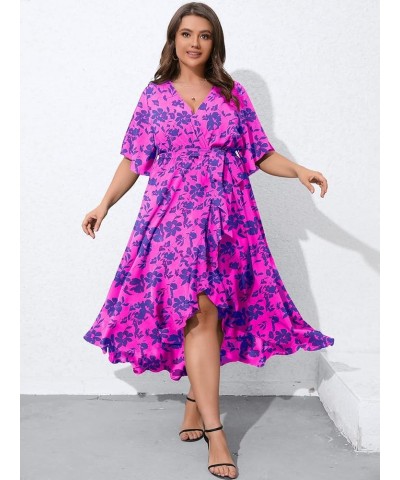 Women's Plus Size Summer Floral Printed Wrap V Neck Short Sleeve High Low Split Beach Maxi Dress Purple Floral $9.45 Dresses