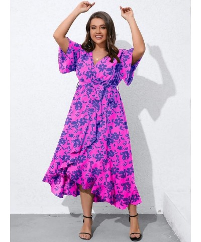 Women's Plus Size Summer Floral Printed Wrap V Neck Short Sleeve High Low Split Beach Maxi Dress Purple Floral $9.45 Dresses