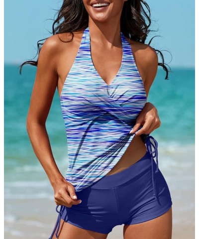 Women Two Piece Tankini Halter Padded Adjustable Drawstring Swimsuit with Boyshorts Blue Water Wave $18.86 Swimsuits