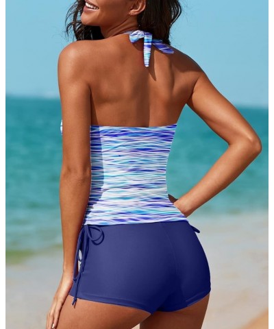 Women Two Piece Tankini Halter Padded Adjustable Drawstring Swimsuit with Boyshorts Blue Water Wave $18.86 Swimsuits