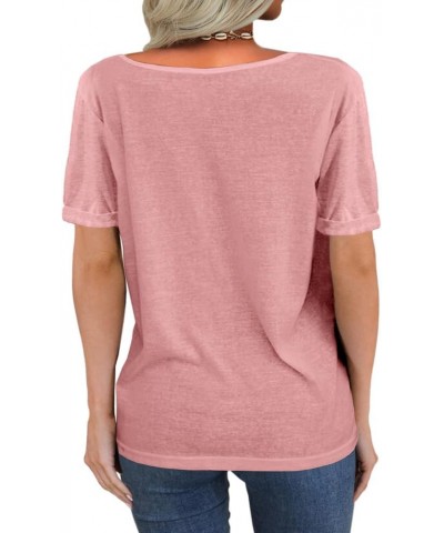 Women Fashion Deep V-Neck Short Sleeve Tops Solid Casual Loose Basic T Shirt Pink $11.89 T-Shirts