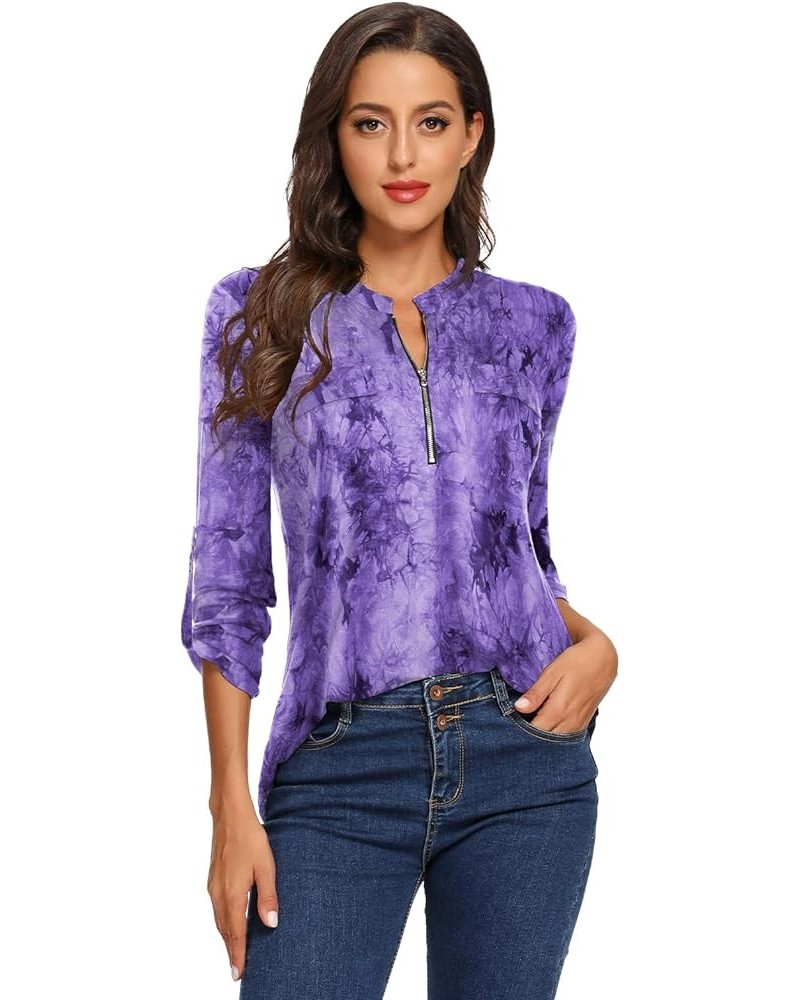 Women's Zip V Neck Long Sleeve Plaid Shirt Casual Tunic B-purple $9.66 Tops