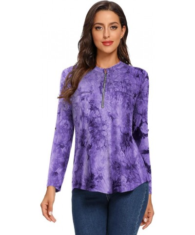 Women's Zip V Neck Long Sleeve Plaid Shirt Casual Tunic B-purple $9.66 Tops