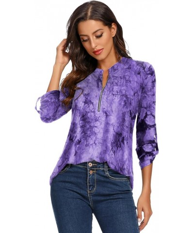 Women's Zip V Neck Long Sleeve Plaid Shirt Casual Tunic B-purple $9.66 Tops