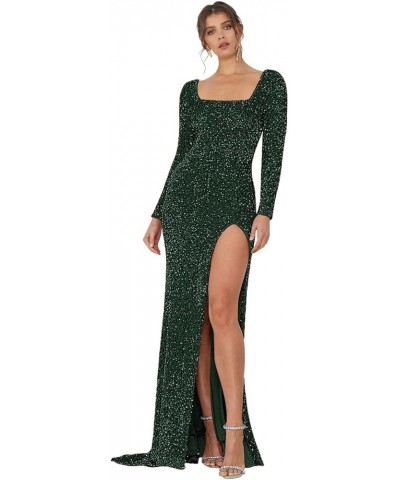 Women's Sparkly Sequin Mermaid Prom Dresses Long with Slit Long Sleeve 2024 Glitter Formal Evening Party XOD04 A-square Neck-...