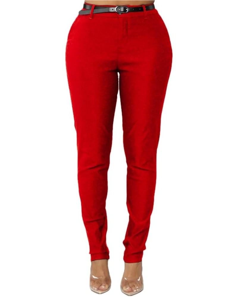 Women's Belted Hyper Stretch Slim Pant w/Slanted Front Pockets for Work S-XL Red $16.45 Pants