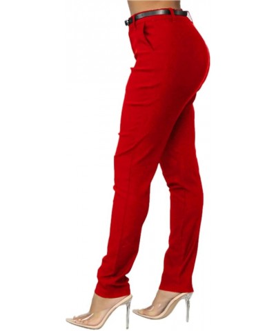 Women's Belted Hyper Stretch Slim Pant w/Slanted Front Pockets for Work S-XL Red $16.45 Pants