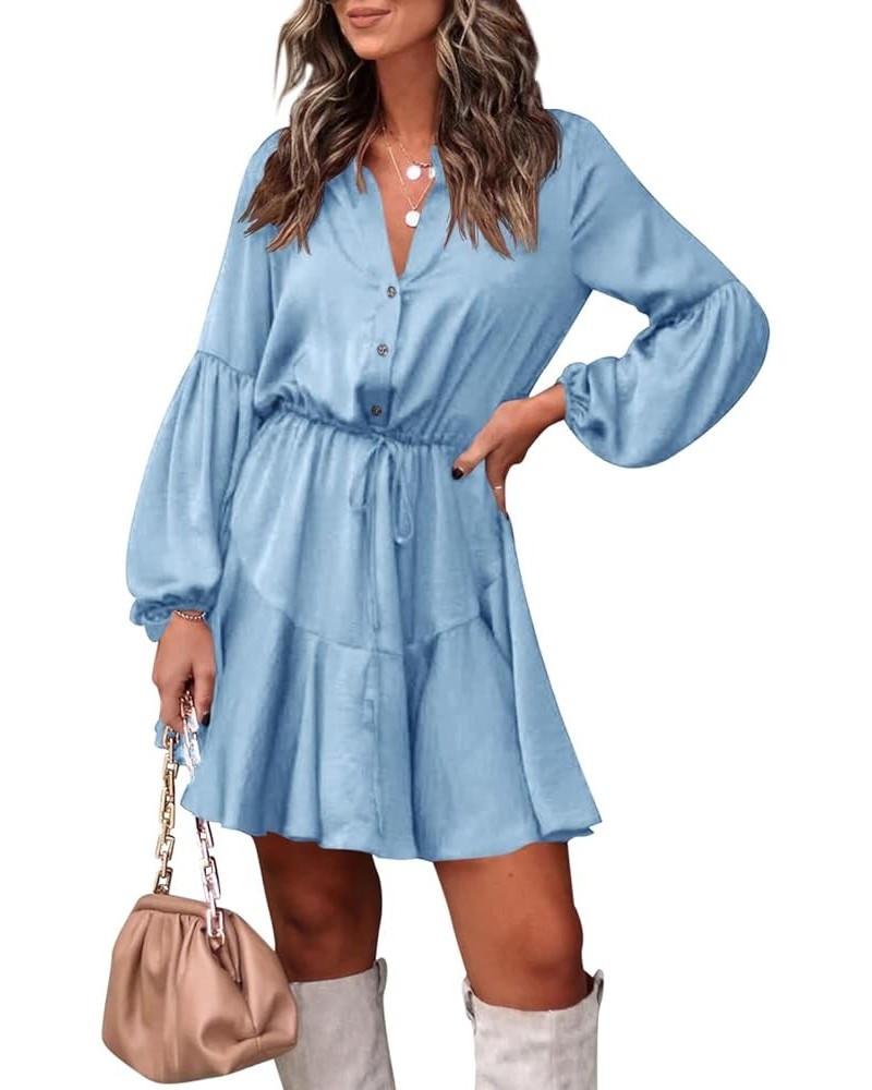 Women's Long Sleeve Button Down Mini Dresses Casual V Neck Ruffle Satin Tunic Dresses Blue $17.22 Dresses