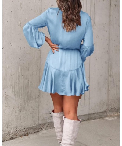 Women's Long Sleeve Button Down Mini Dresses Casual V Neck Ruffle Satin Tunic Dresses Blue $17.22 Dresses