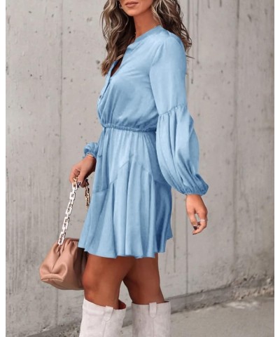 Women's Long Sleeve Button Down Mini Dresses Casual V Neck Ruffle Satin Tunic Dresses Blue $17.22 Dresses