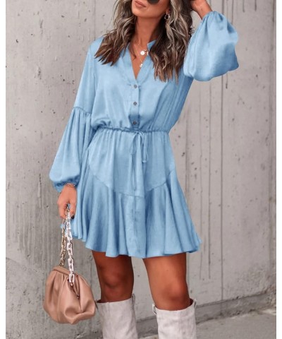 Women's Long Sleeve Button Down Mini Dresses Casual V Neck Ruffle Satin Tunic Dresses Blue $17.22 Dresses