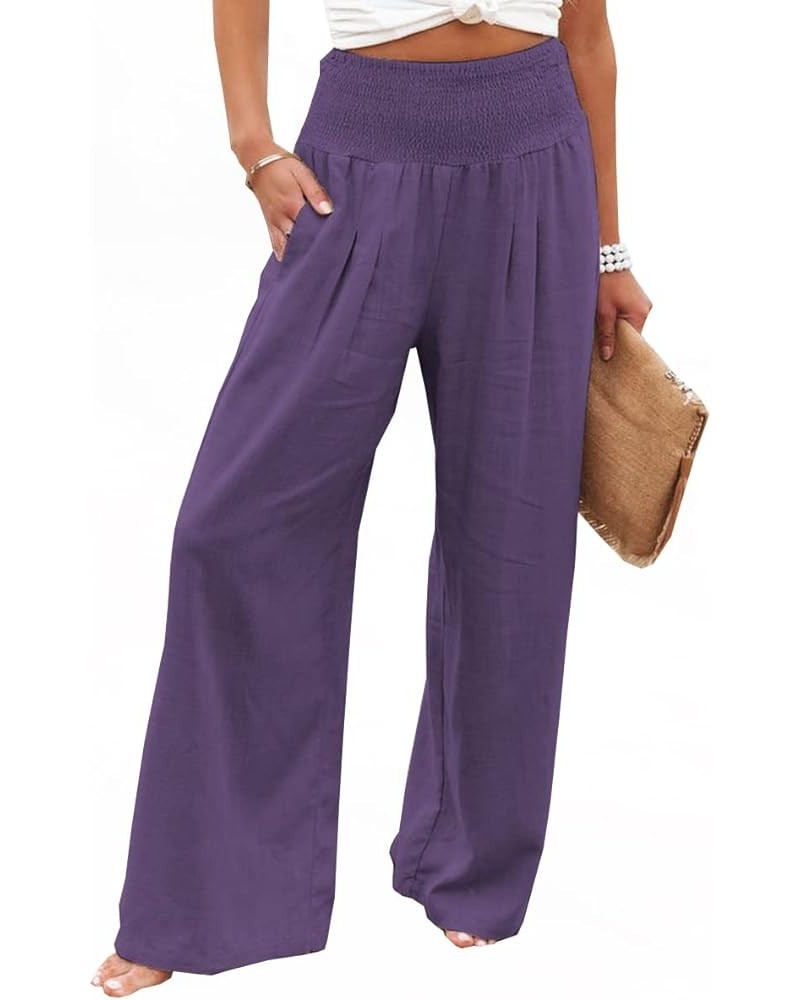 Linen Wide Leg Palazzo Pants for Women Smocked High Waisted Loose Fit Flowy Pants Casual Summer Lounge Trousers with Pockets ...