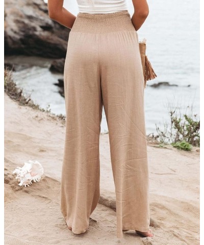 Linen Wide Leg Palazzo Pants for Women Smocked High Waisted Loose Fit Flowy Pants Casual Summer Lounge Trousers with Pockets ...