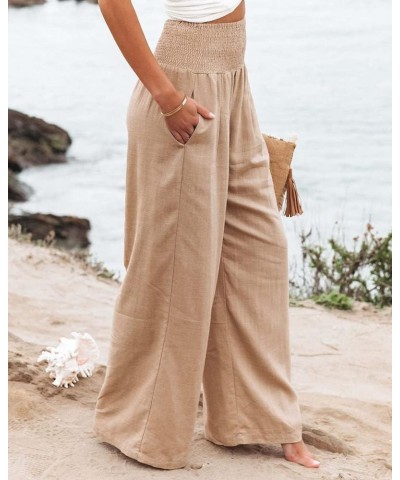 Linen Wide Leg Palazzo Pants for Women Smocked High Waisted Loose Fit Flowy Pants Casual Summer Lounge Trousers with Pockets ...