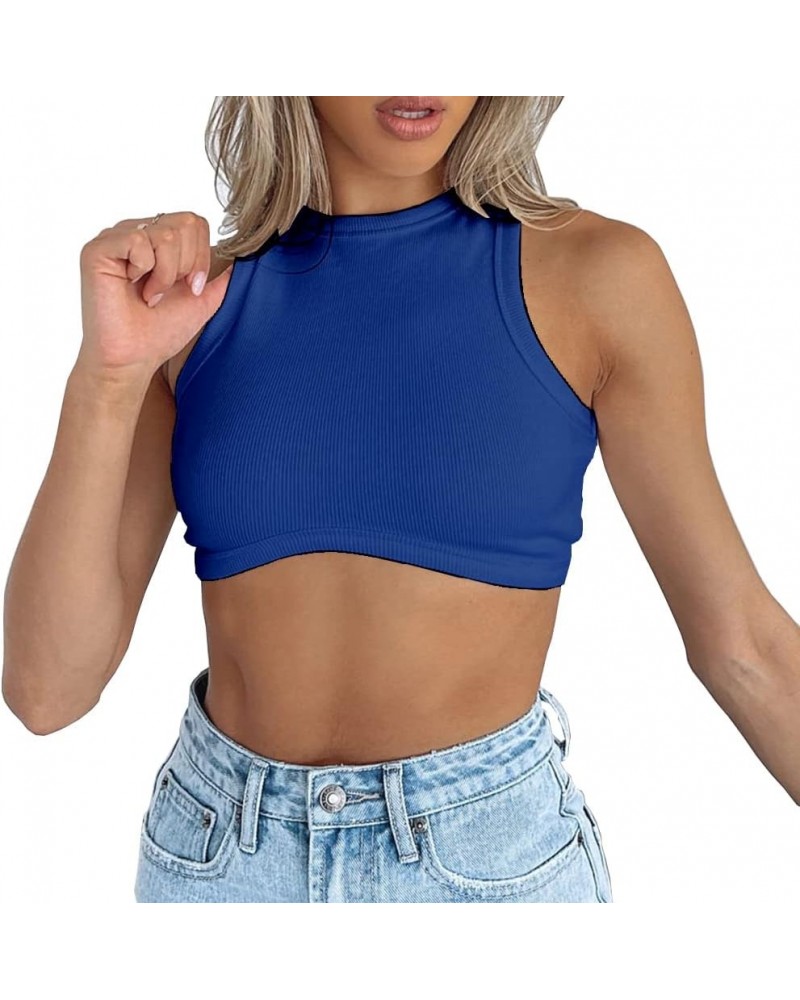 Women's Crew Neck Racerback Knit Ribbed Basic Sleeveless Crop Tank Tops Blue $11.99 Tanks