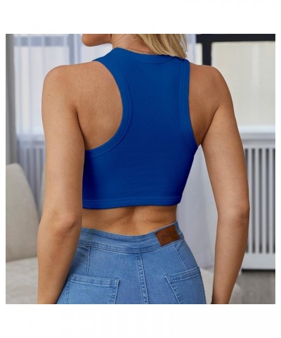 Women's Crew Neck Racerback Knit Ribbed Basic Sleeveless Crop Tank Tops Blue $11.99 Tanks