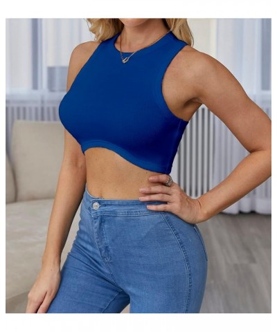 Women's Crew Neck Racerback Knit Ribbed Basic Sleeveless Crop Tank Tops Blue $11.99 Tanks