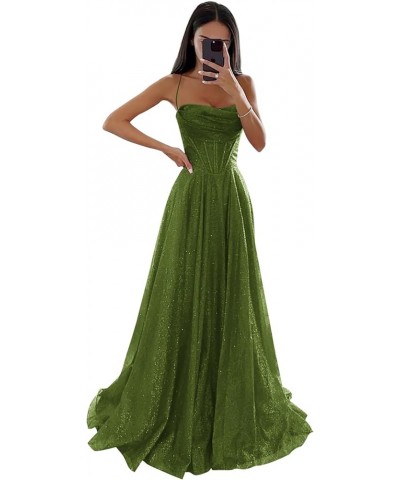 Prom Dresses Long for Women Sparkly Glitter A-Line Spaghetti Straps Formal Evening Dress Olive Green $32.50 Dresses