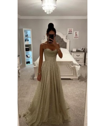 Prom Dresses Long for Women Sparkly Glitter A-Line Spaghetti Straps Formal Evening Dress Olive Green $32.50 Dresses