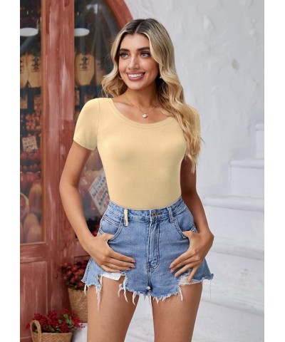 Women's Round Neck Short Sleeve Bodysuit Basic Stretch Slim Fit Body Suit Clothing Tops Nude $10.79 Bodysuits