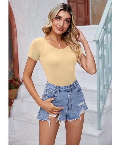 Women's Round Neck Short Sleeve Bodysuit Basic Stretch Slim Fit Body Suit Clothing Tops Nude $10.79 Bodysuits