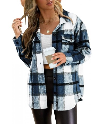 Flannel Shirts for Women,Casual Wool Blend Plaid Shackets Jacket Long Sleeve Lapel Button Down Coat with Pocket Dark Blue $7....