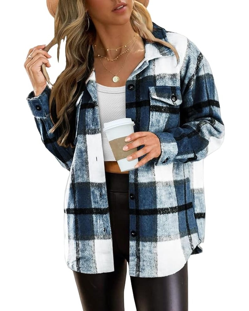 Flannel Shirts for Women,Casual Wool Blend Plaid Shackets Jacket Long Sleeve Lapel Button Down Coat with Pocket Dark Blue $7....