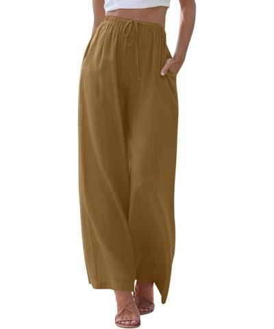 Linen Pants for Women Summer High Waisted Cotton Linen Palazzo Pants Wide Leg Long Lounge Pant Trousers with Pocket 01-khaki ...