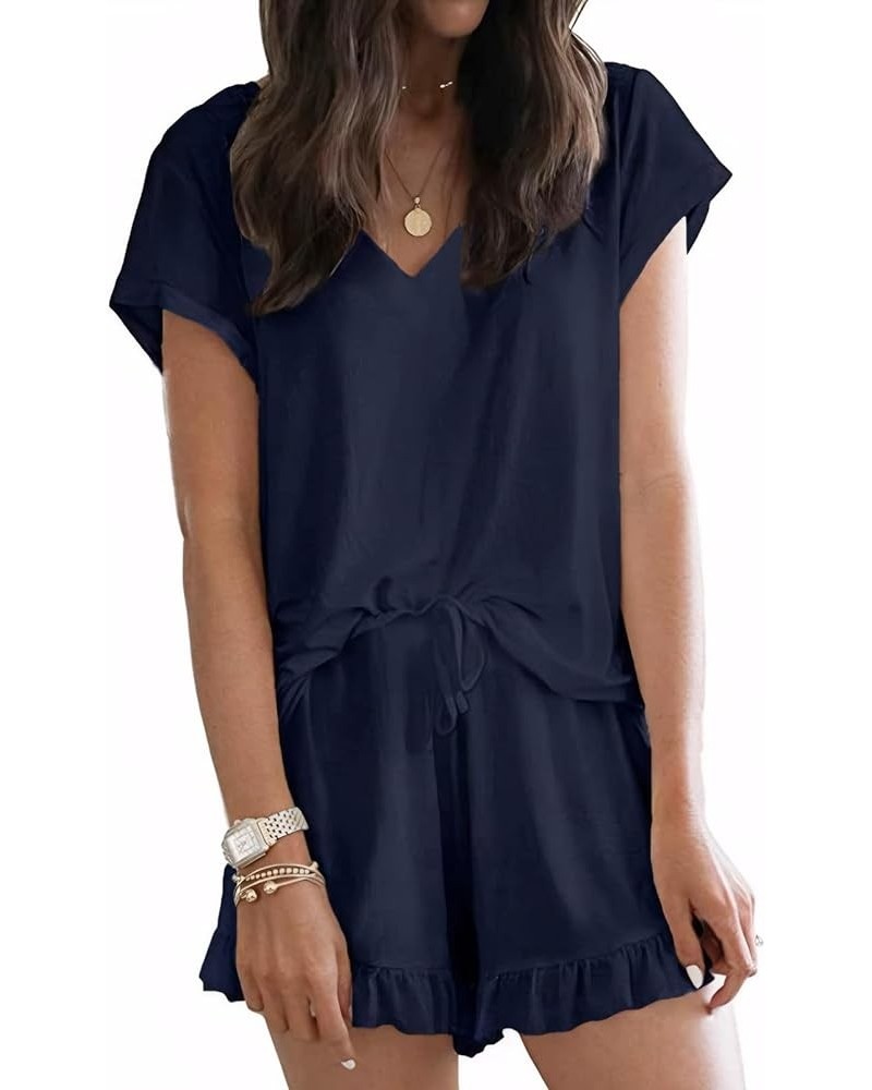 Womens Pajama Sets Shorts Soft Lounge Sets Short Sleeve V Neck Pj Set Sleepwear Top with Causal Pj Shorts Navy Blue $19.79 Sl...