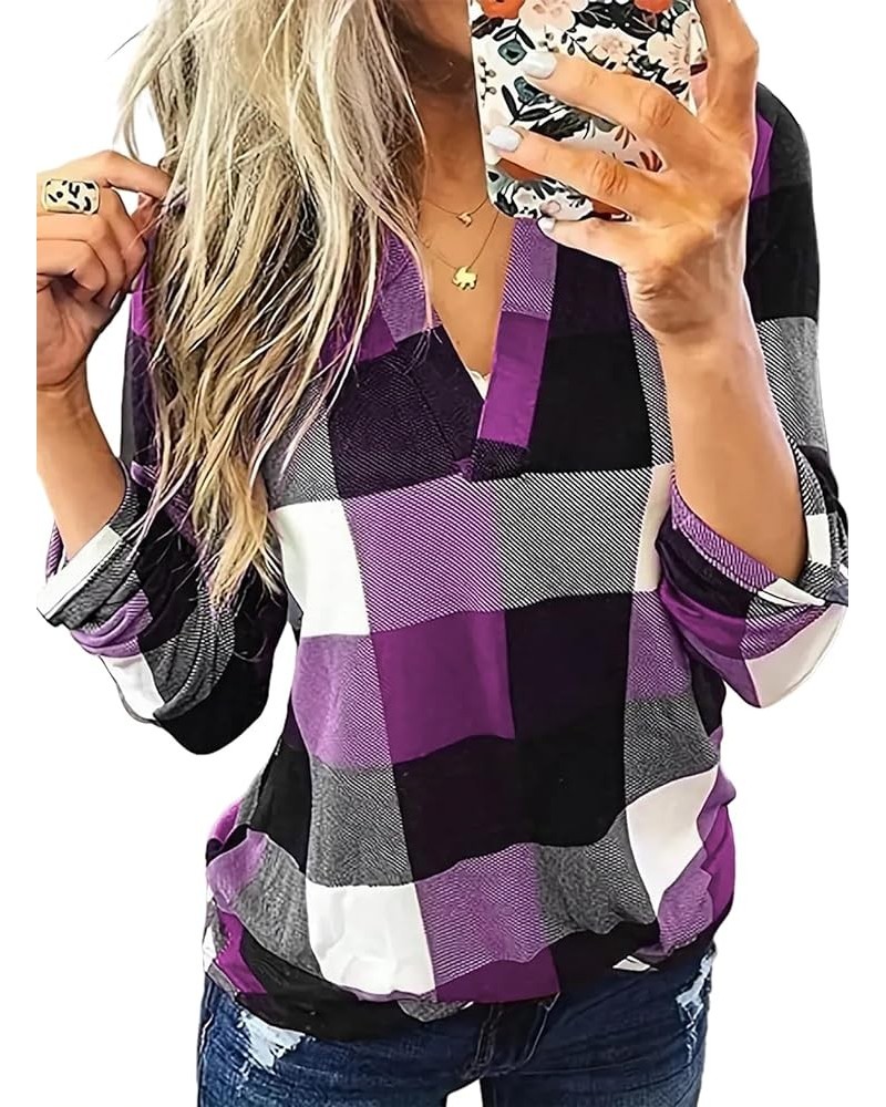 Womens Basic Casual V Neck Plaid Print Cotton Cuffed Long Sleeve Work Tops Blouses Shirts S-3XL Purple $13.89 Blouses