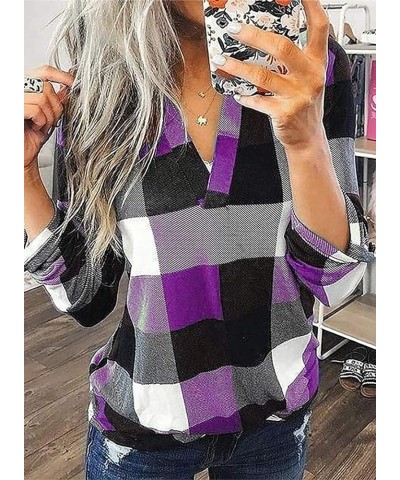 Womens Basic Casual V Neck Plaid Print Cotton Cuffed Long Sleeve Work Tops Blouses Shirts S-3XL Purple $13.89 Blouses