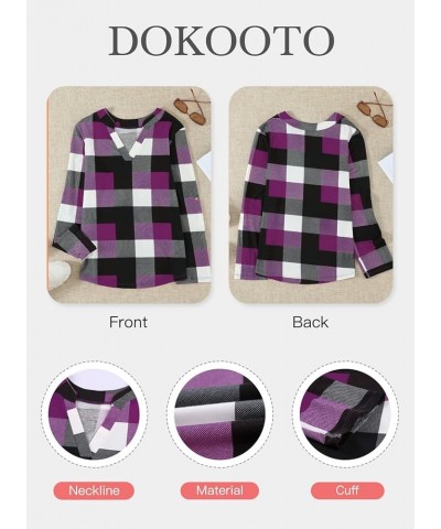 Womens Basic Casual V Neck Plaid Print Cotton Cuffed Long Sleeve Work Tops Blouses Shirts S-3XL Purple $13.89 Blouses