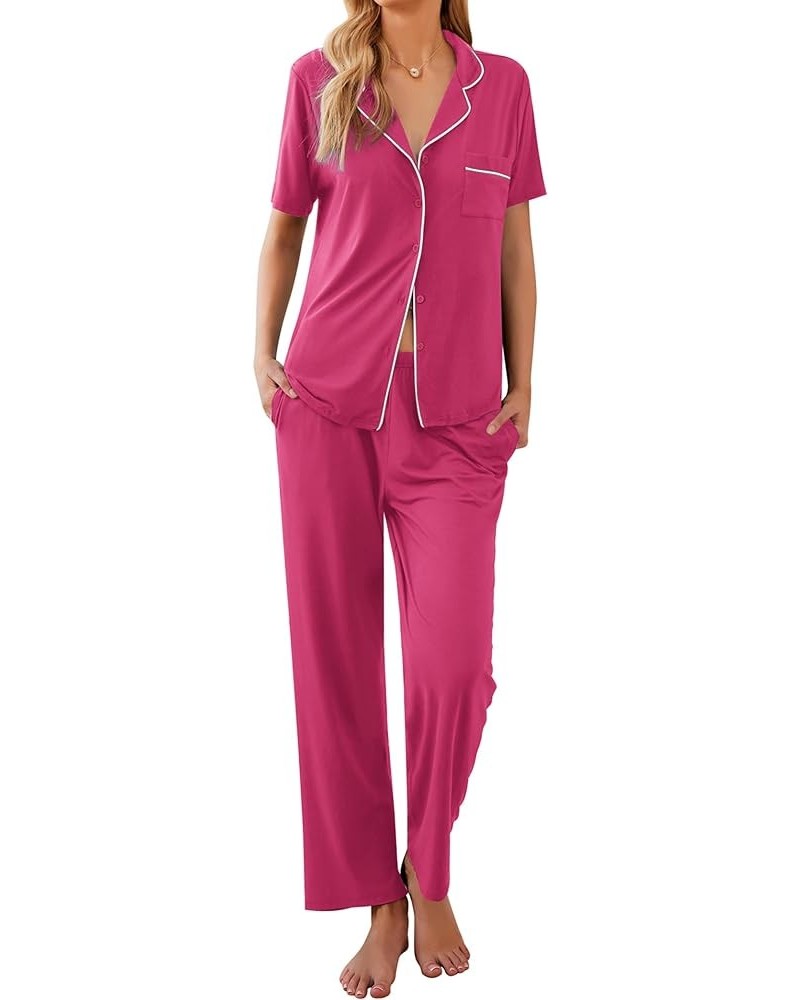 Women Pajamas Set Button Down Sleepwear Short Sleeve Nightwear with Long Pants Soft Pjs Set with Pockets S-XXL Rose Red $21.3...