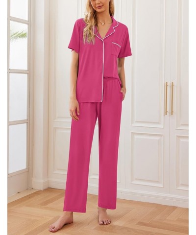 Women Pajamas Set Button Down Sleepwear Short Sleeve Nightwear with Long Pants Soft Pjs Set with Pockets S-XXL Rose Red $21.3...