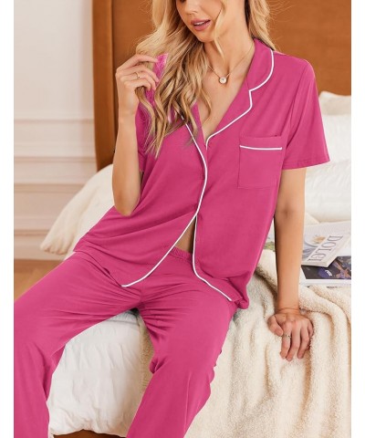 Women Pajamas Set Button Down Sleepwear Short Sleeve Nightwear with Long Pants Soft Pjs Set with Pockets S-XXL Rose Red $21.3...