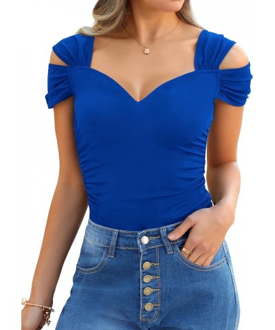 Womens Short Sleeve Cold Shoulder Tops Sexy Deep V Neck Ruched Tight Slim Fit T Shirts Summer Basic Tees Royal Blue $11.59 T-...