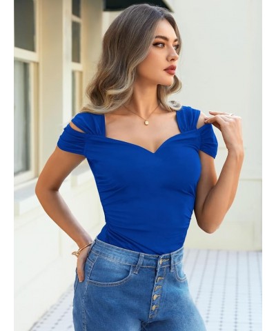 Womens Short Sleeve Cold Shoulder Tops Sexy Deep V Neck Ruched Tight Slim Fit T Shirts Summer Basic Tees Royal Blue $11.59 T-...