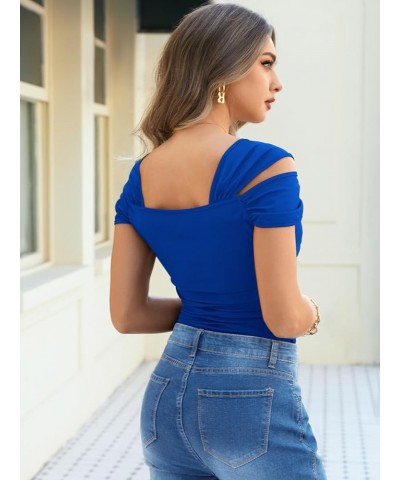 Womens Short Sleeve Cold Shoulder Tops Sexy Deep V Neck Ruched Tight Slim Fit T Shirts Summer Basic Tees Royal Blue $11.59 T-...