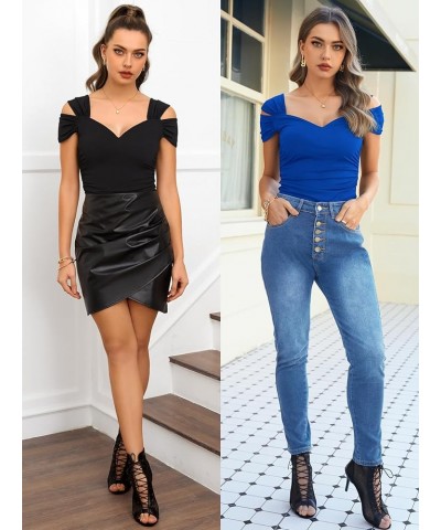 Womens Short Sleeve Cold Shoulder Tops Sexy Deep V Neck Ruched Tight Slim Fit T Shirts Summer Basic Tees Royal Blue $11.59 T-...