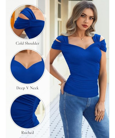 Womens Short Sleeve Cold Shoulder Tops Sexy Deep V Neck Ruched Tight Slim Fit T Shirts Summer Basic Tees Royal Blue $11.59 T-...